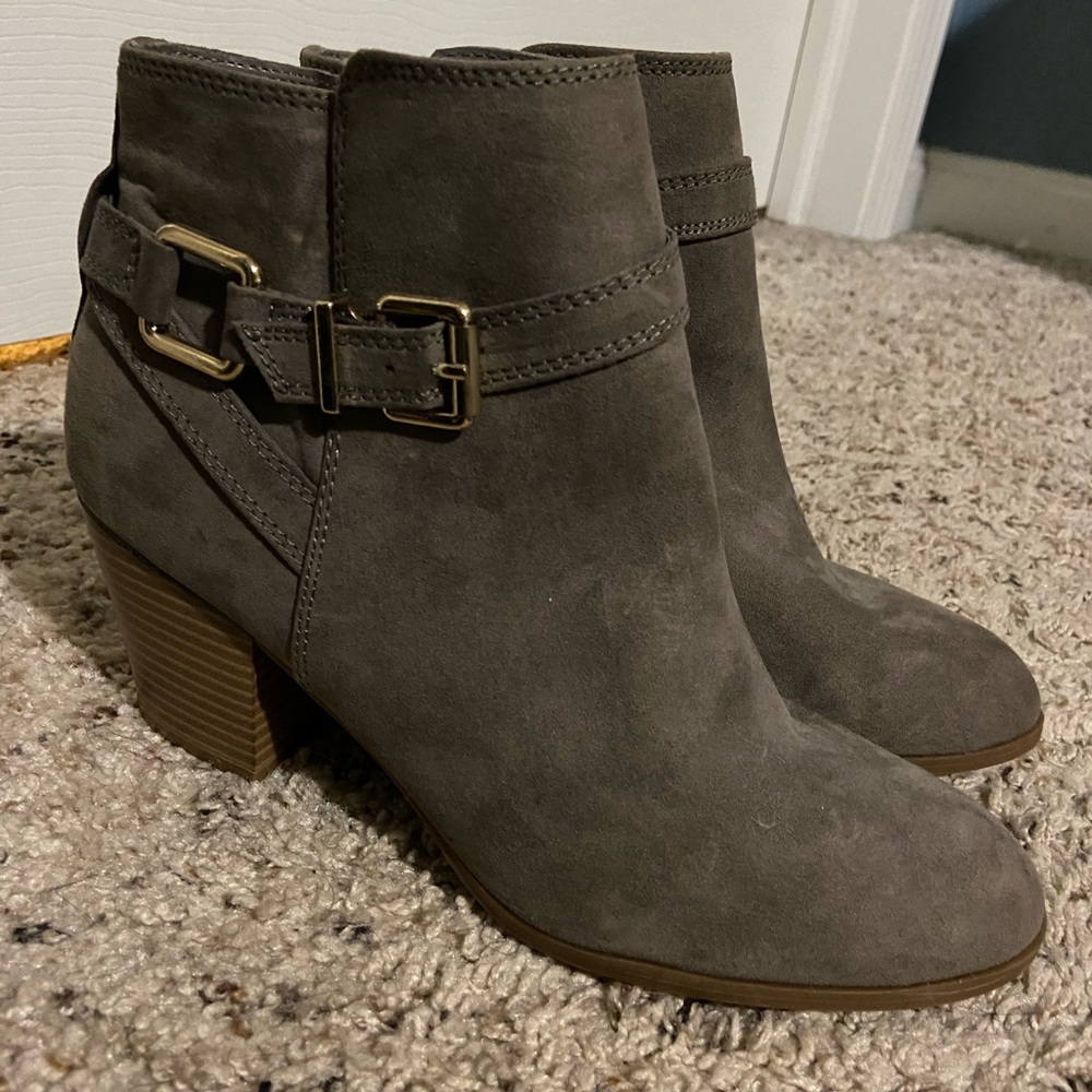 Express Grey Velvet Booties with Gold Buckle